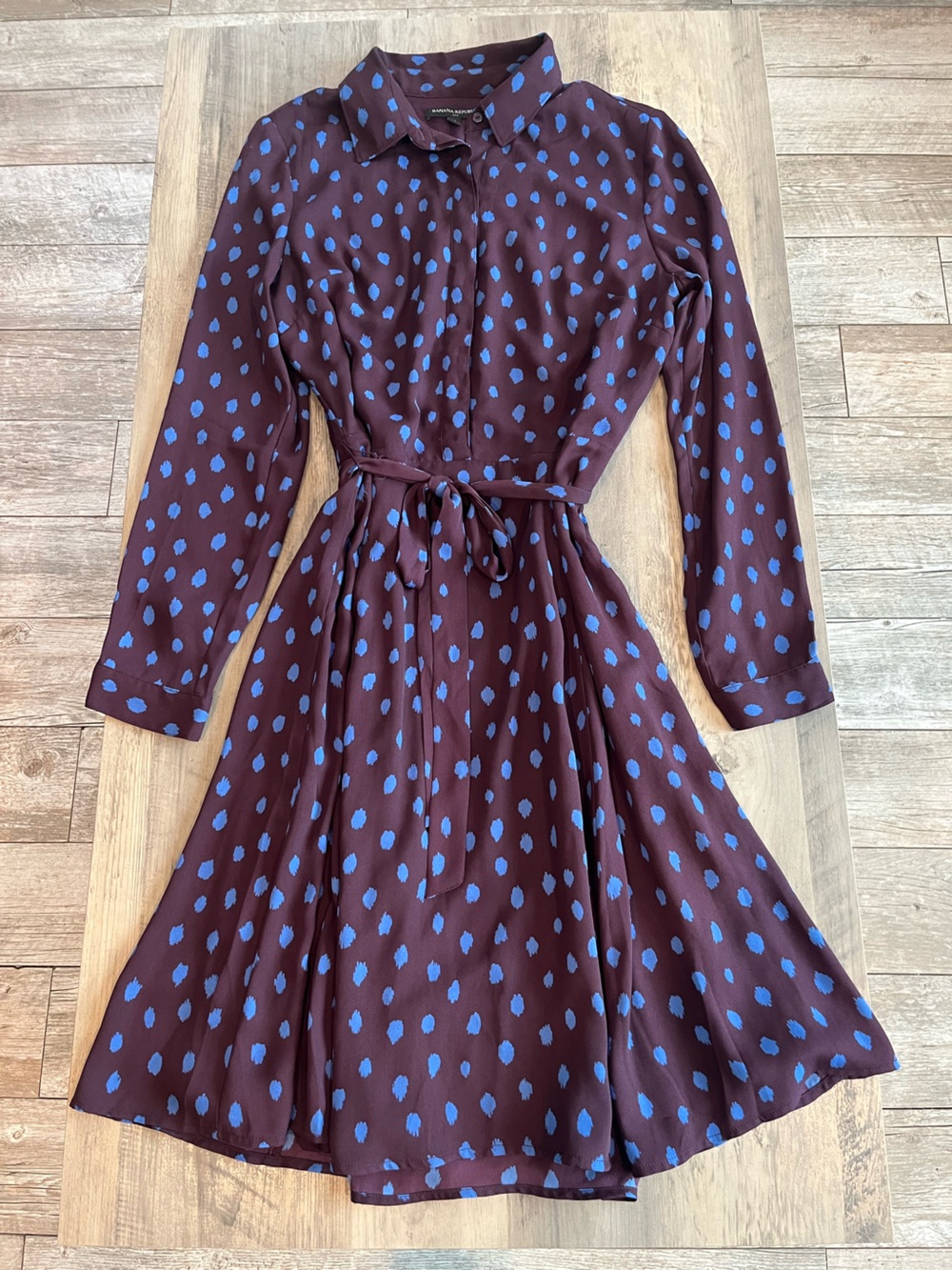 Banana Republic Plum Long-Sleeve Dress with Blue Dot Print